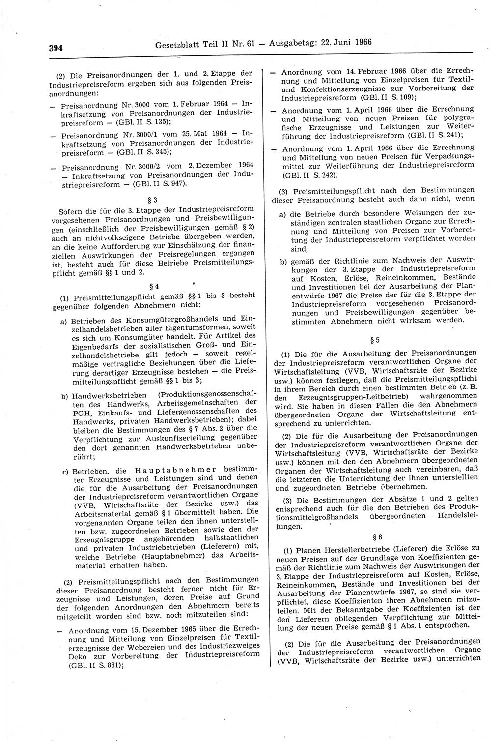 Gesetzblatt (GBl.) der Deutschen Demokratischen Republik (DDR) Teil ⅠⅠ 1966, Seite 394 (GBl. DDR ⅠⅠ 1966, S. 394)