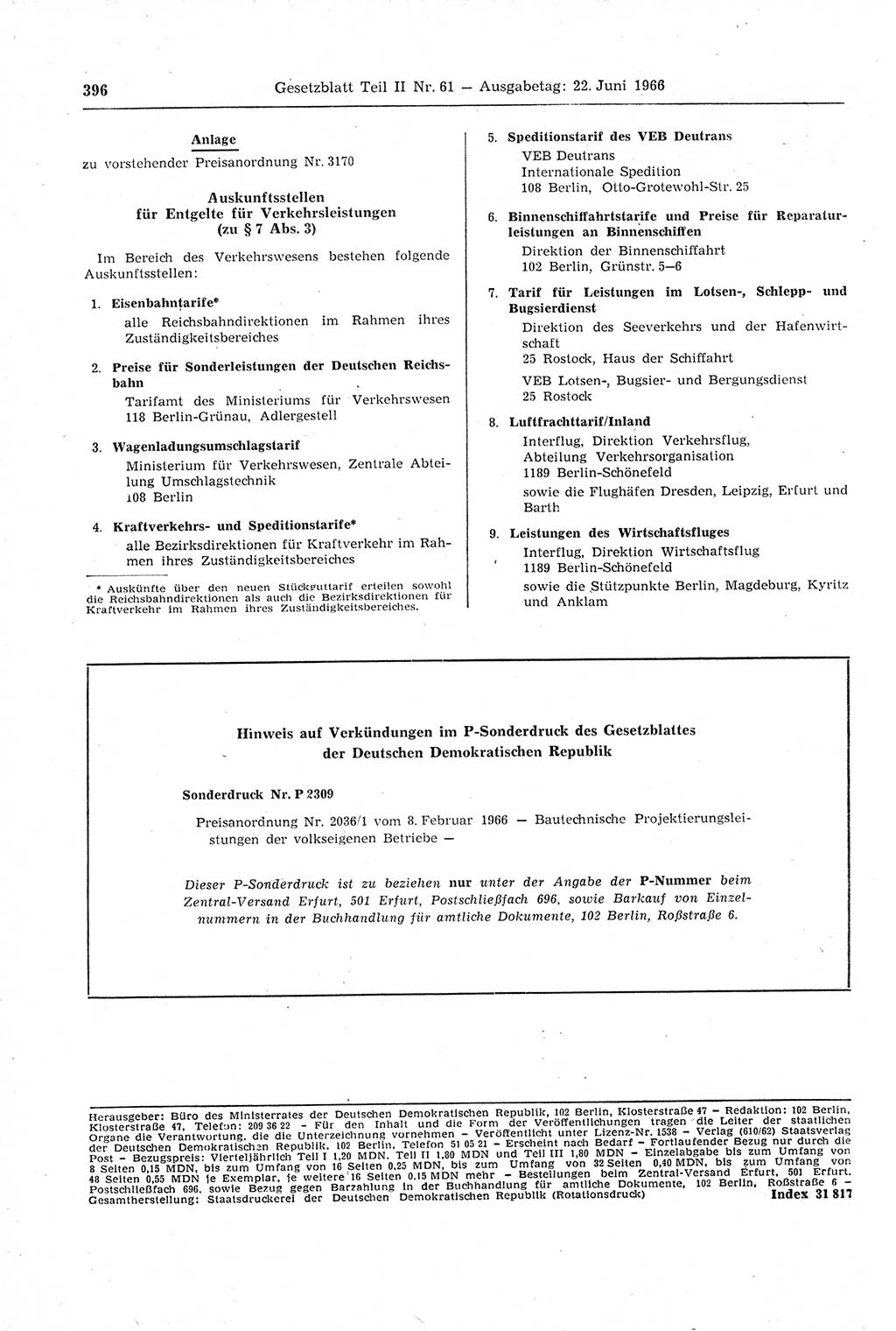 Gesetzblatt (GBl.) der Deutschen Demokratischen Republik (DDR) Teil ⅠⅠ 1966, Seite 396 (GBl. DDR ⅠⅠ 1966, S. 396)