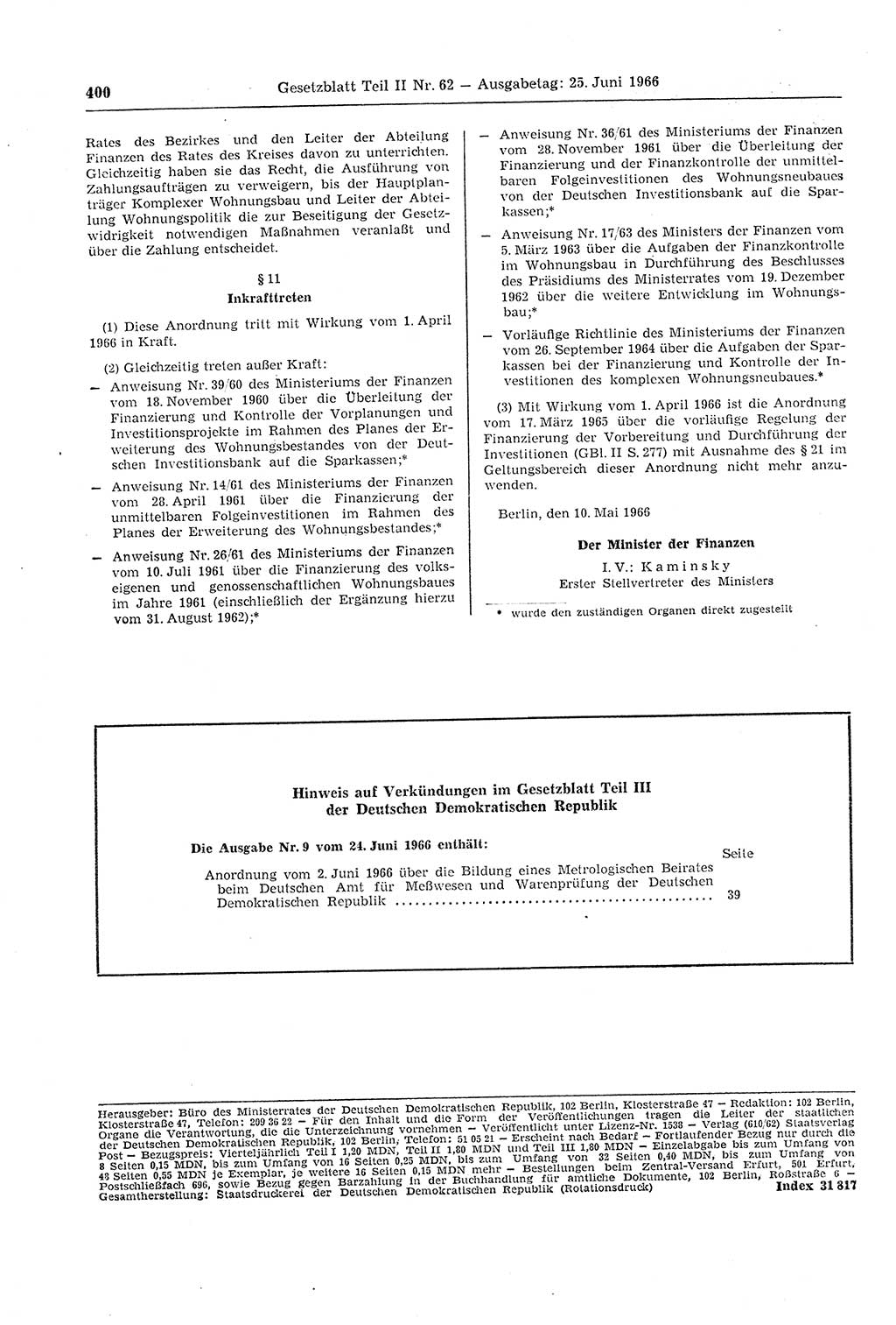 Gesetzblatt (GBl.) der Deutschen Demokratischen Republik (DDR) Teil ⅠⅠ 1966, Seite 400 (GBl. DDR ⅠⅠ 1966, S. 400)