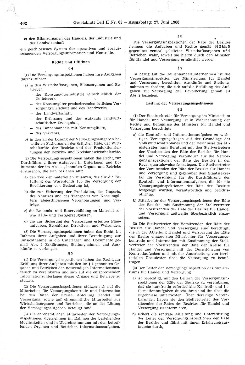 Gesetzblatt (GBl.) der Deutschen Demokratischen Republik (DDR) Teil ⅠⅠ 1966, Seite 402 (GBl. DDR ⅠⅠ 1966, S. 402)