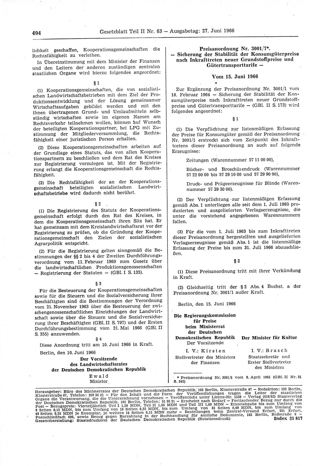Gesetzblatt (GBl.) der Deutschen Demokratischen Republik (DDR) Teil ⅠⅠ 1966, Seite 404 (GBl. DDR ⅠⅠ 1966, S. 404)