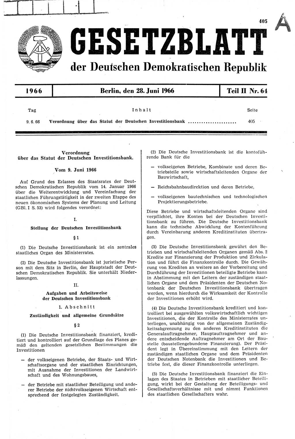 Gesetzblatt (GBl.) der Deutschen Demokratischen Republik (DDR) Teil ⅠⅠ 1966, Seite 405 (GBl. DDR ⅠⅠ 1966, S. 405)