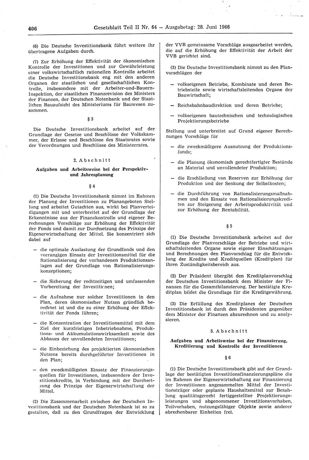 Gesetzblatt (GBl.) der Deutschen Demokratischen Republik (DDR) Teil ⅠⅠ 1966, Seite 406 (GBl. DDR ⅠⅠ 1966, S. 406)