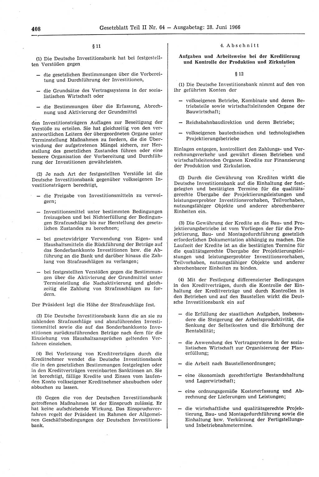 Gesetzblatt (GBl.) der Deutschen Demokratischen Republik (DDR) Teil ⅠⅠ 1966, Seite 408 (GBl. DDR ⅠⅠ 1966, S. 408)