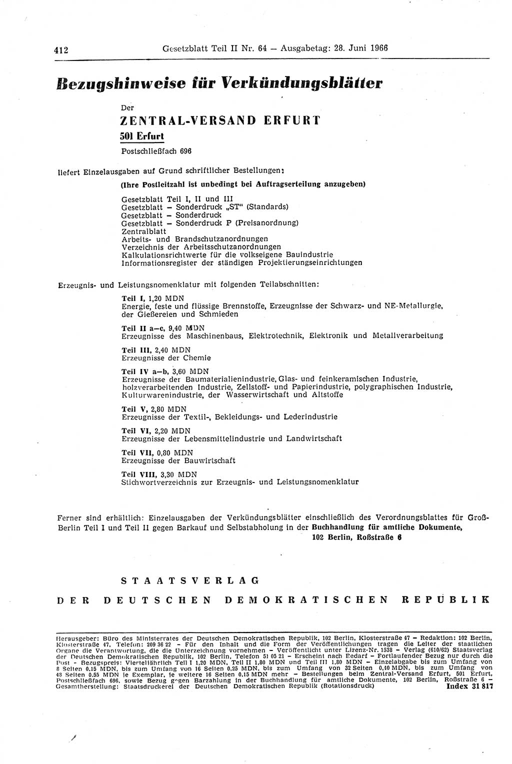 Gesetzblatt (GBl.) der Deutschen Demokratischen Republik (DDR) Teil ⅠⅠ 1966, Seite 412 (GBl. DDR ⅠⅠ 1966, S. 412)