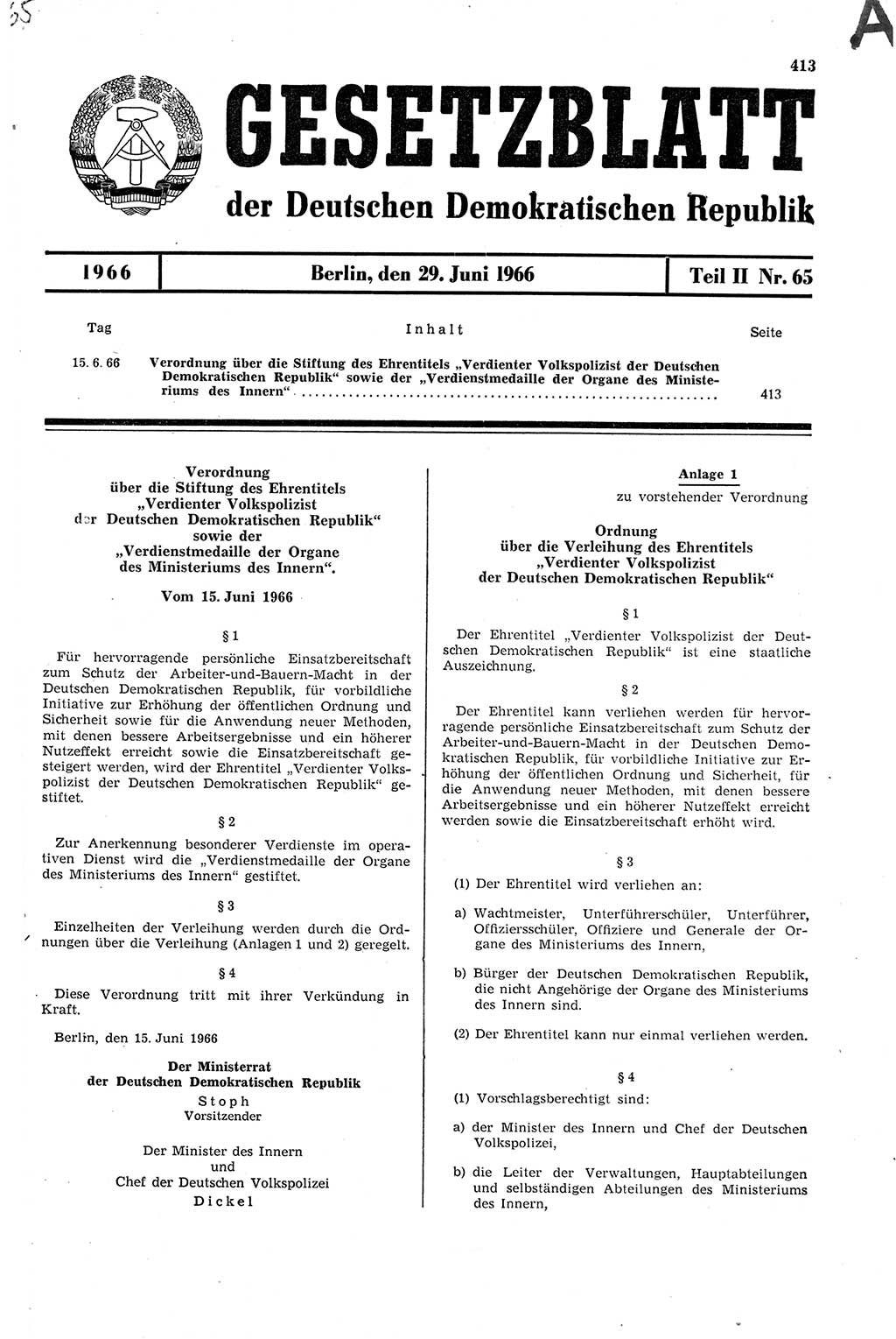 Gesetzblatt (GBl.) der Deutschen Demokratischen Republik (DDR) Teil ⅠⅠ 1966, Seite 413 (GBl. DDR ⅠⅠ 1966, S. 413)