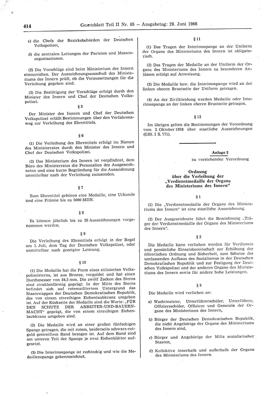 Gesetzblatt (GBl.) der Deutschen Demokratischen Republik (DDR) Teil ⅠⅠ 1966, Seite 414 (GBl. DDR ⅠⅠ 1966, S. 414)