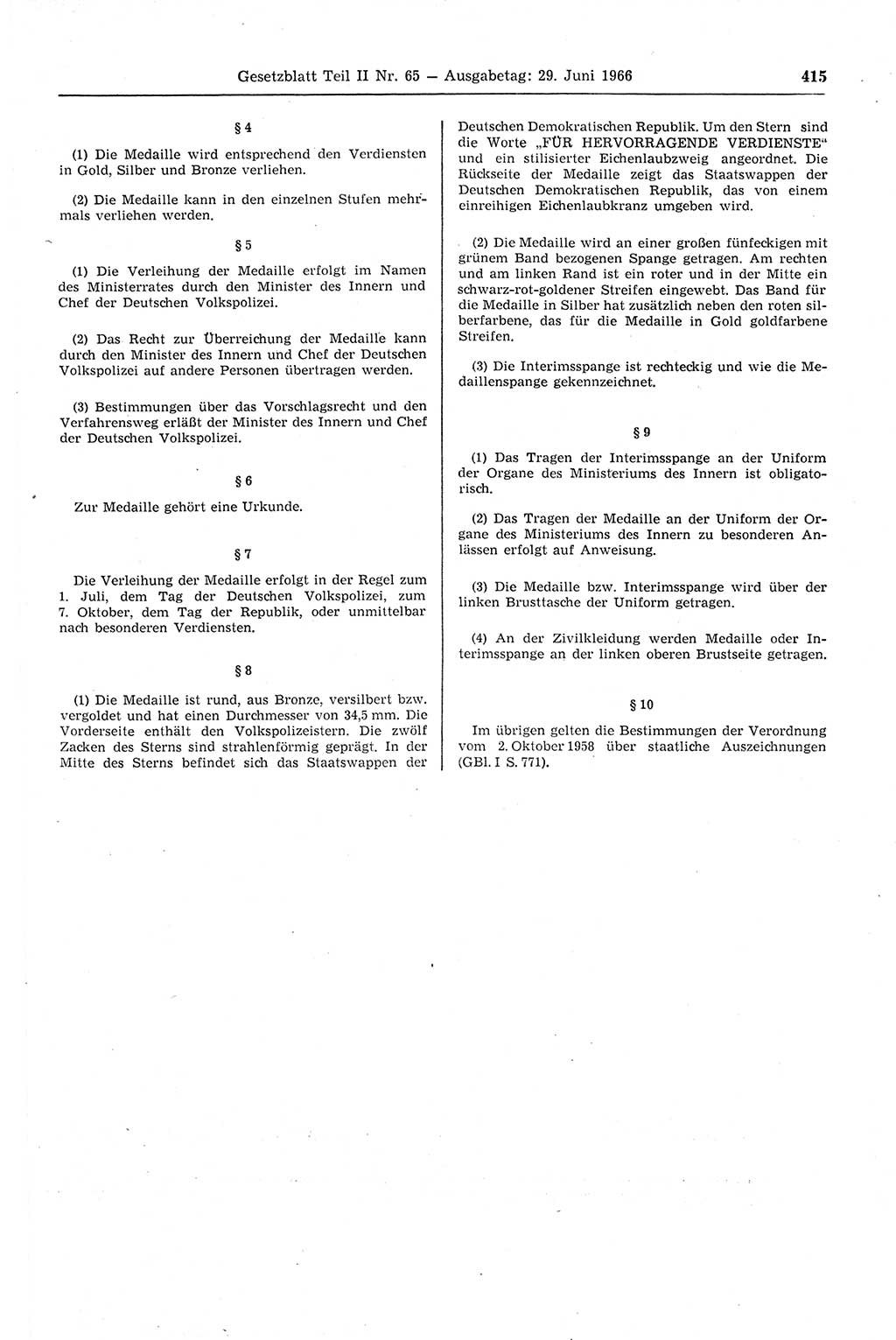 Gesetzblatt (GBl.) der Deutschen Demokratischen Republik (DDR) Teil ⅠⅠ 1966, Seite 415 (GBl. DDR ⅠⅠ 1966, S. 415)