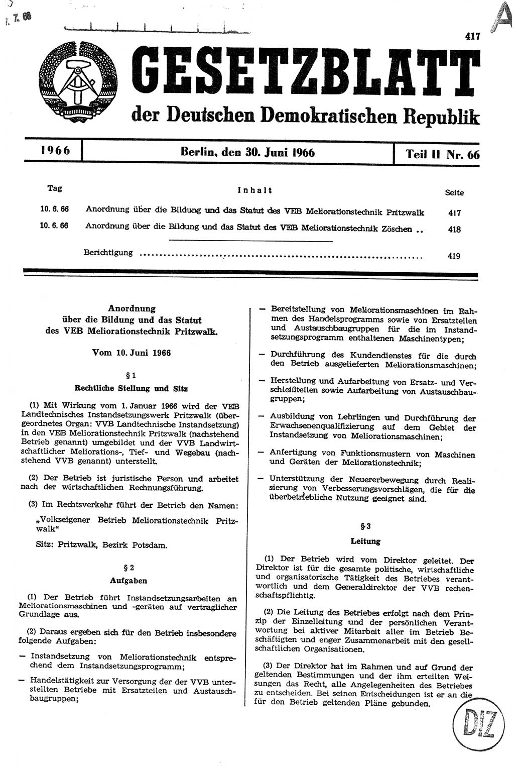 Gesetzblatt (GBl.) der Deutschen Demokratischen Republik (DDR) Teil ⅠⅠ 1966, Seite 417 (GBl. DDR ⅠⅠ 1966, S. 417)