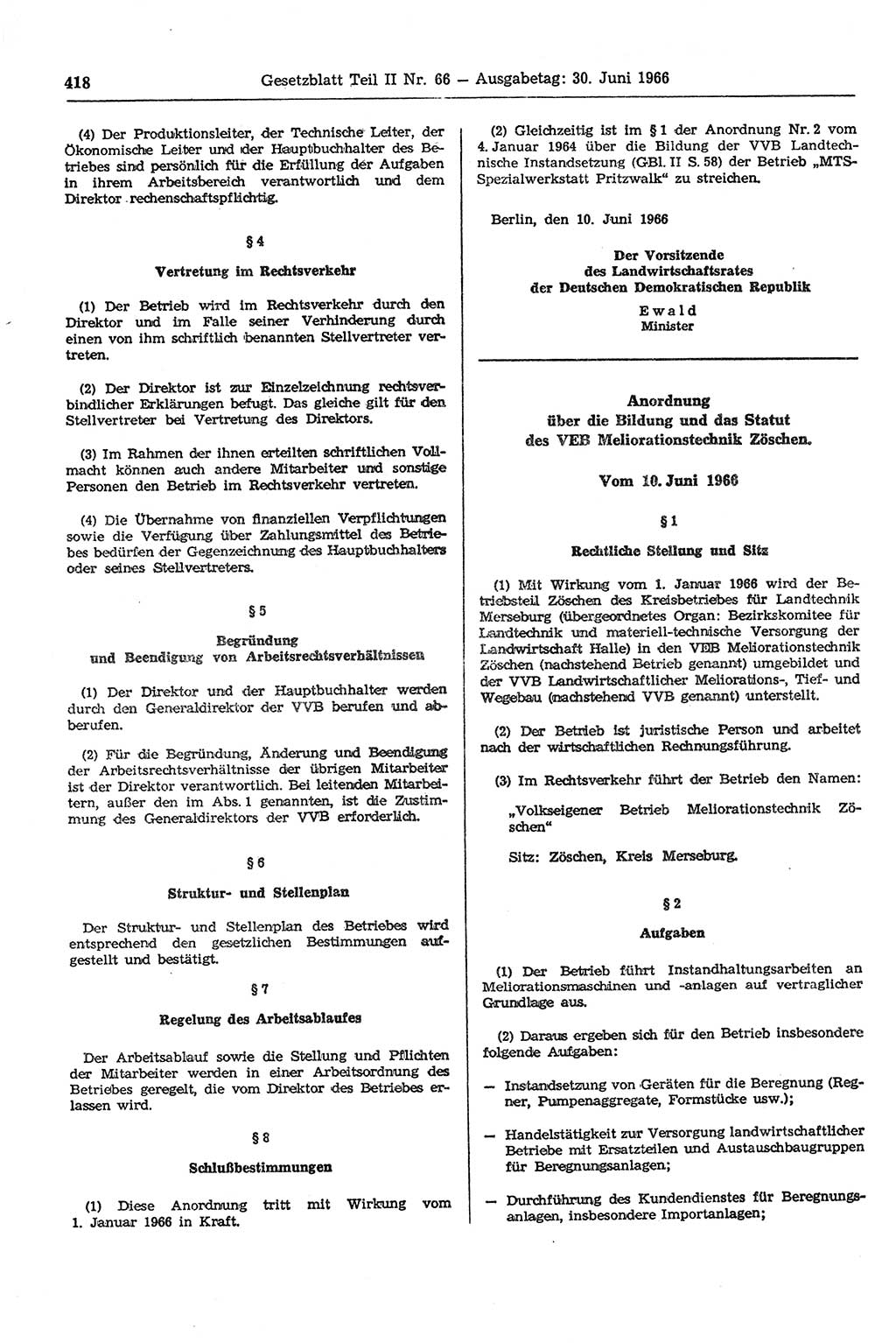 Gesetzblatt (GBl.) der Deutschen Demokratischen Republik (DDR) Teil ⅠⅠ 1966, Seite 418 (GBl. DDR ⅠⅠ 1966, S. 418)