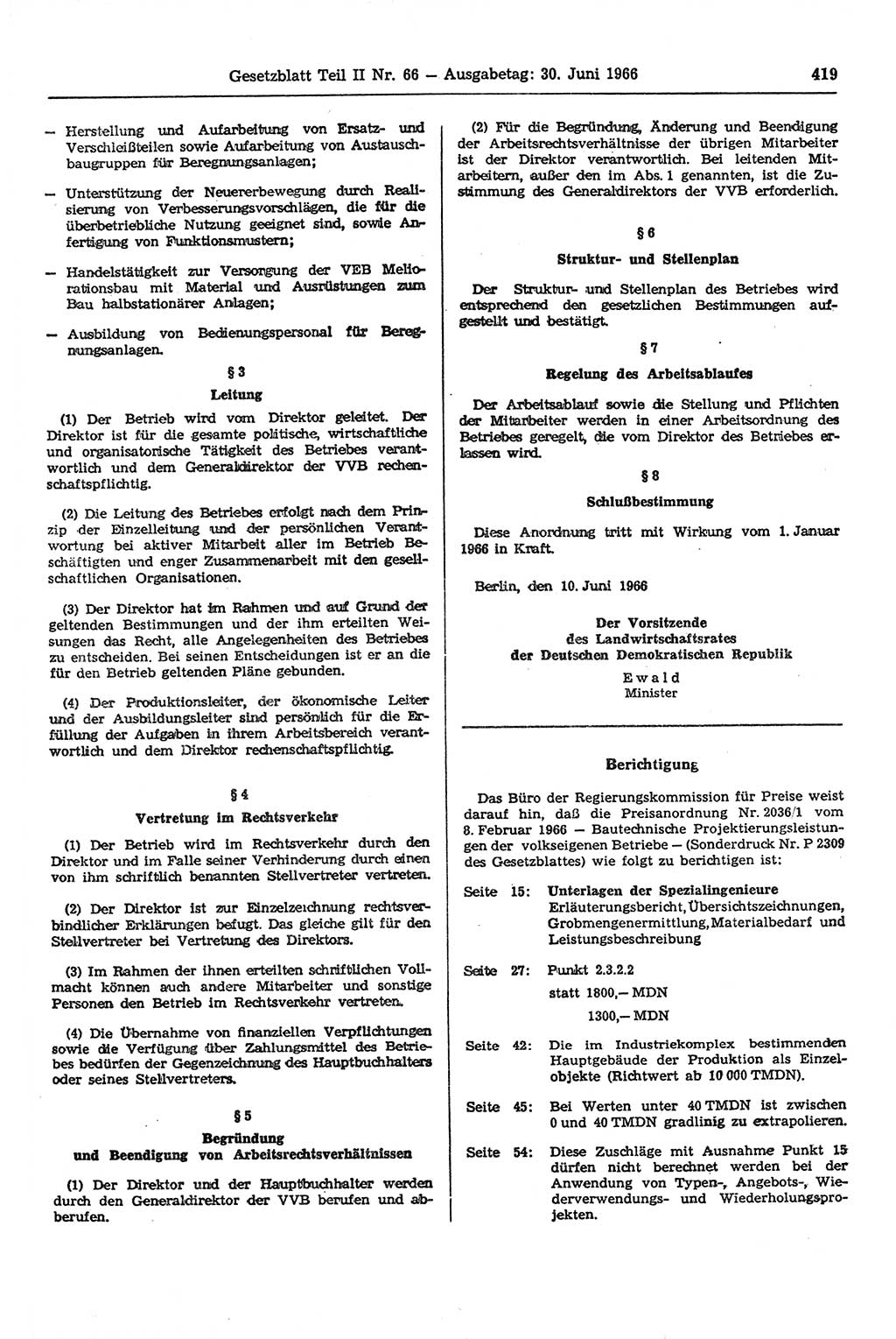 Gesetzblatt (GBl.) der Deutschen Demokratischen Republik (DDR) Teil ⅠⅠ 1966, Seite 419 (GBl. DDR ⅠⅠ 1966, S. 419)