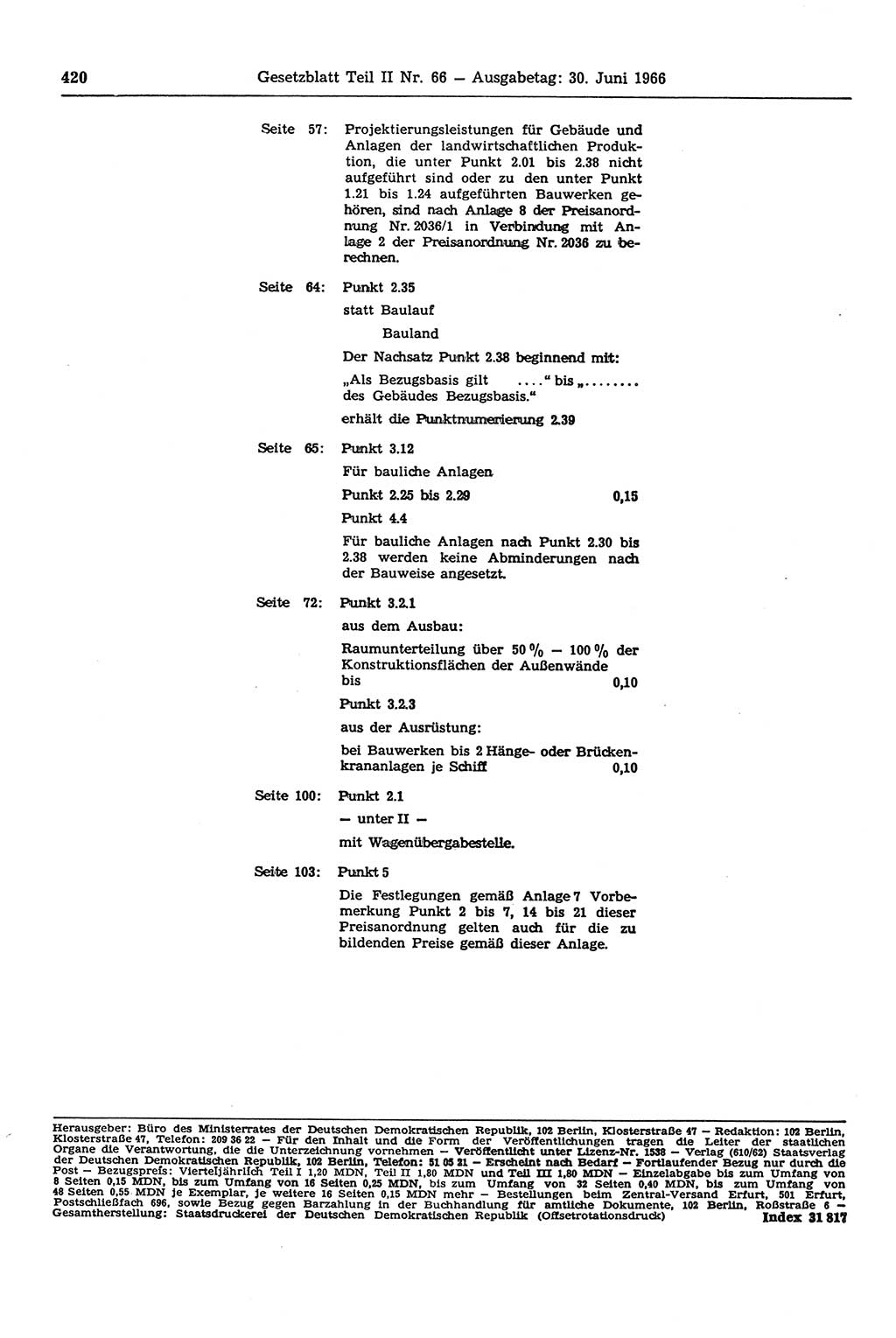 Gesetzblatt (GBl.) der Deutschen Demokratischen Republik (DDR) Teil ⅠⅠ 1966, Seite 420 (GBl. DDR ⅠⅠ 1966, S. 420)
