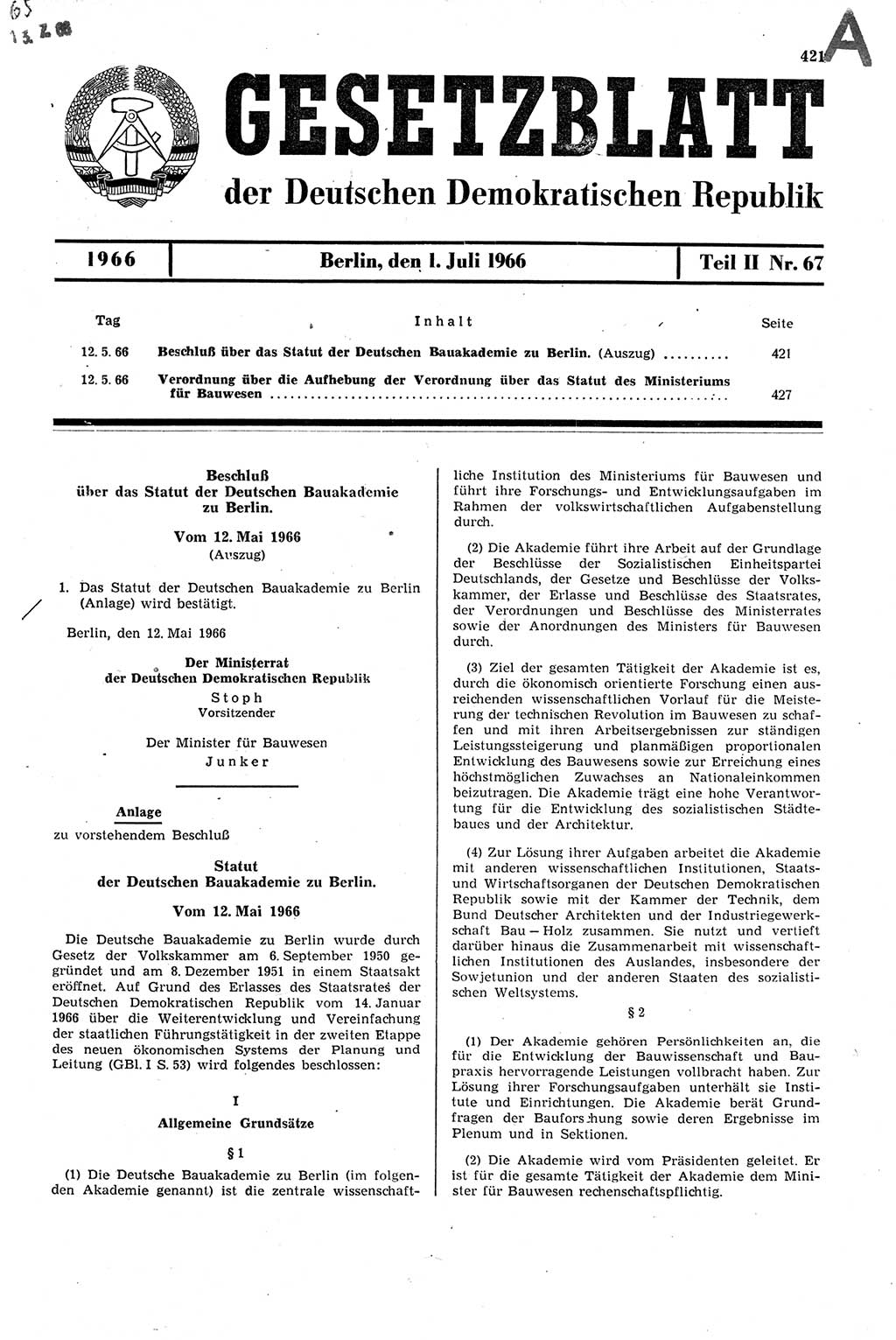 Gesetzblatt (GBl.) der Deutschen Demokratischen Republik (DDR) Teil ⅠⅠ 1966, Seite 421 (GBl. DDR ⅠⅠ 1966, S. 421)