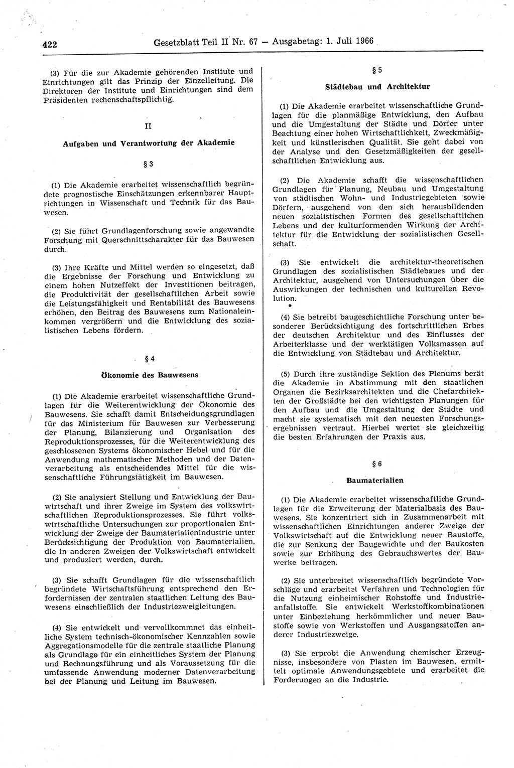 Gesetzblatt (GBl.) der Deutschen Demokratischen Republik (DDR) Teil ⅠⅠ 1966, Seite 422 (GBl. DDR ⅠⅠ 1966, S. 422)