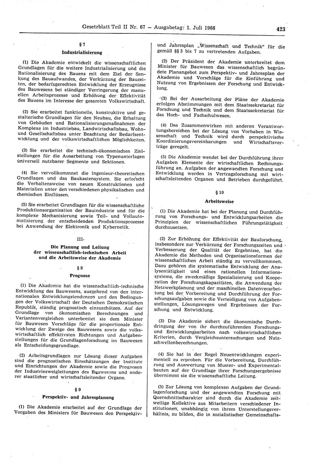 Gesetzblatt (GBl.) der Deutschen Demokratischen Republik (DDR) Teil ⅠⅠ 1966, Seite 423 (GBl. DDR ⅠⅠ 1966, S. 423)