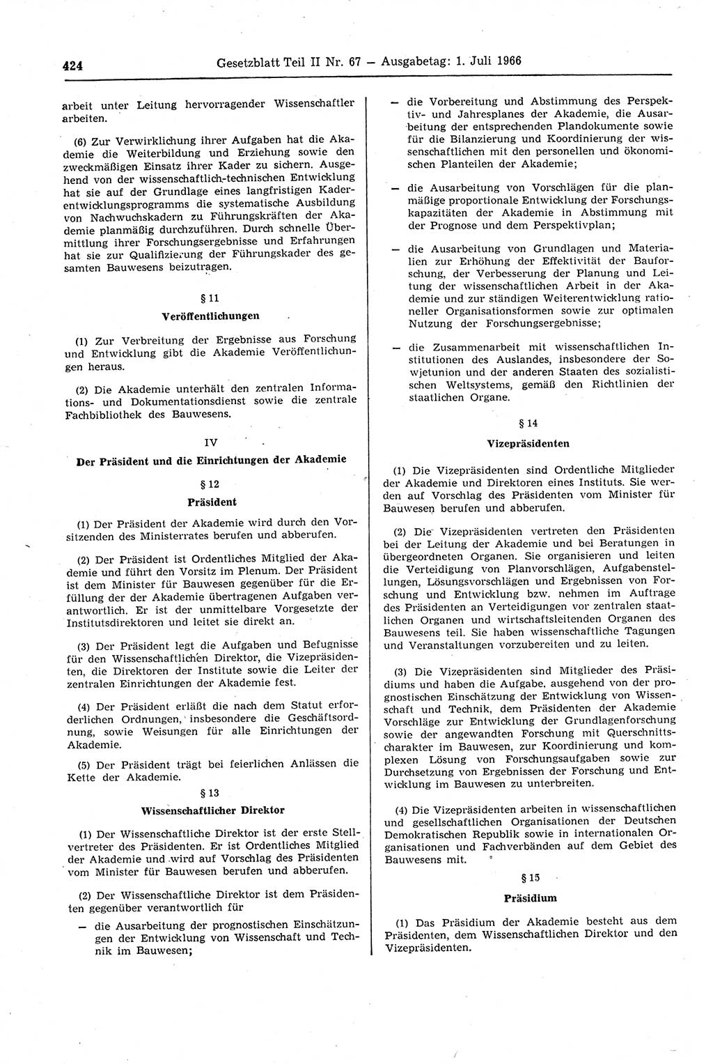 Gesetzblatt (GBl.) der Deutschen Demokratischen Republik (DDR) Teil ⅠⅠ 1966, Seite 424 (GBl. DDR ⅠⅠ 1966, S. 424)