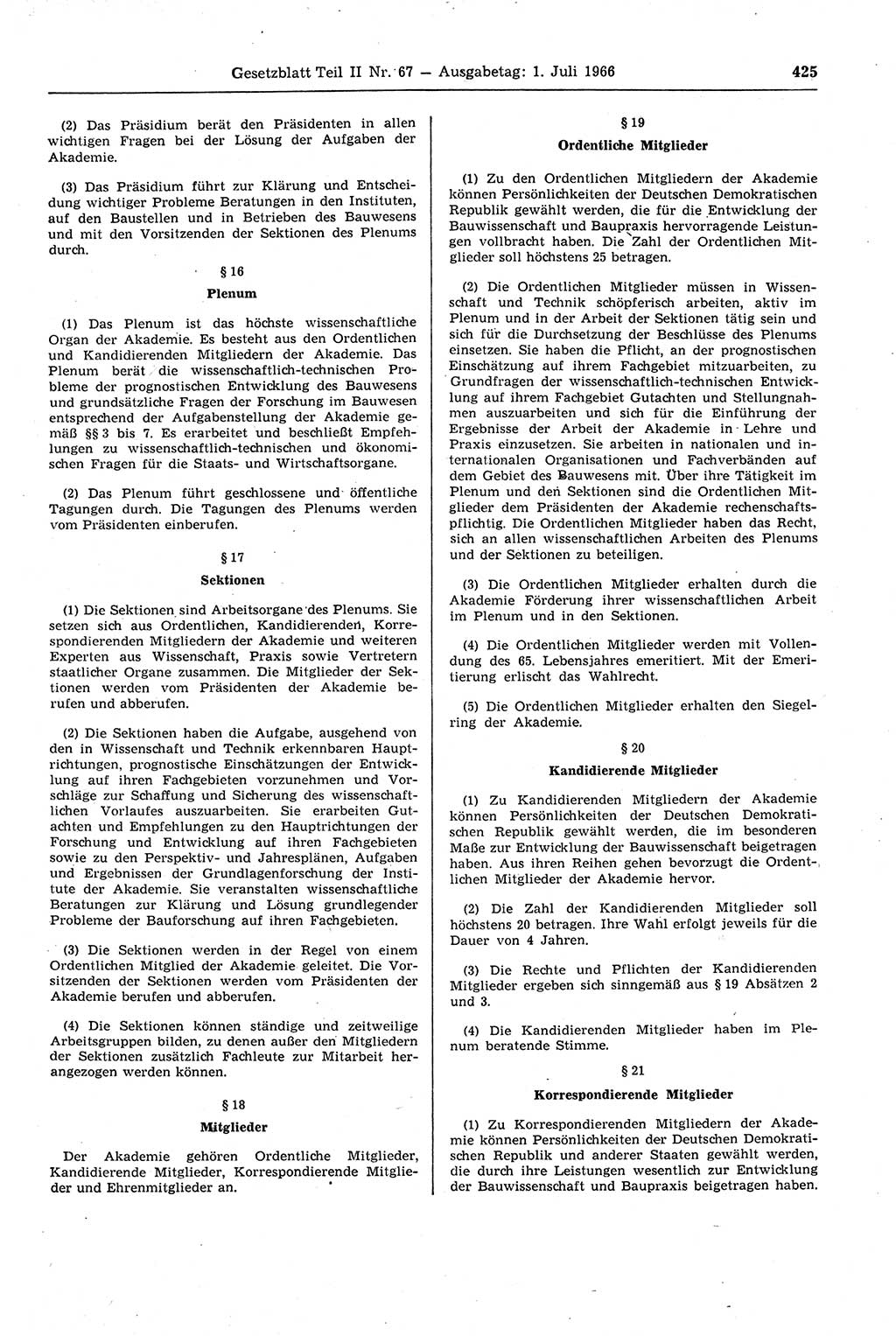 Gesetzblatt (GBl.) der Deutschen Demokratischen Republik (DDR) Teil ⅠⅠ 1966, Seite 425 (GBl. DDR ⅠⅠ 1966, S. 425)