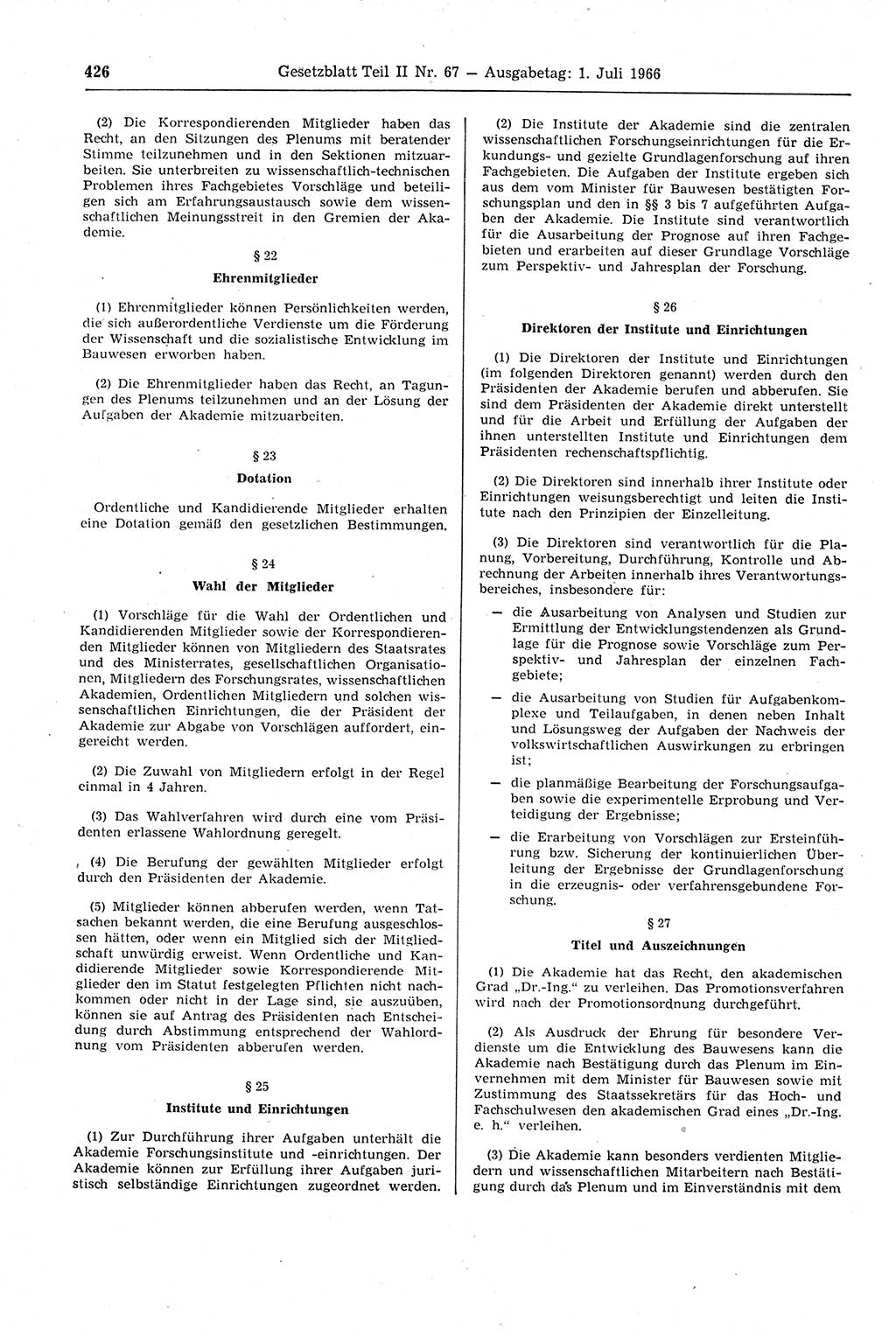 Gesetzblatt (GBl.) der Deutschen Demokratischen Republik (DDR) Teil ⅠⅠ 1966, Seite 426 (GBl. DDR ⅠⅠ 1966, S. 426)