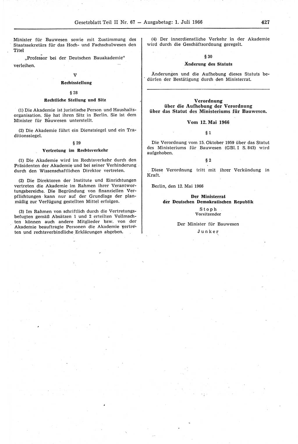 Gesetzblatt (GBl.) der Deutschen Demokratischen Republik (DDR) Teil ⅠⅠ 1966, Seite 427 (GBl. DDR ⅠⅠ 1966, S. 427)
