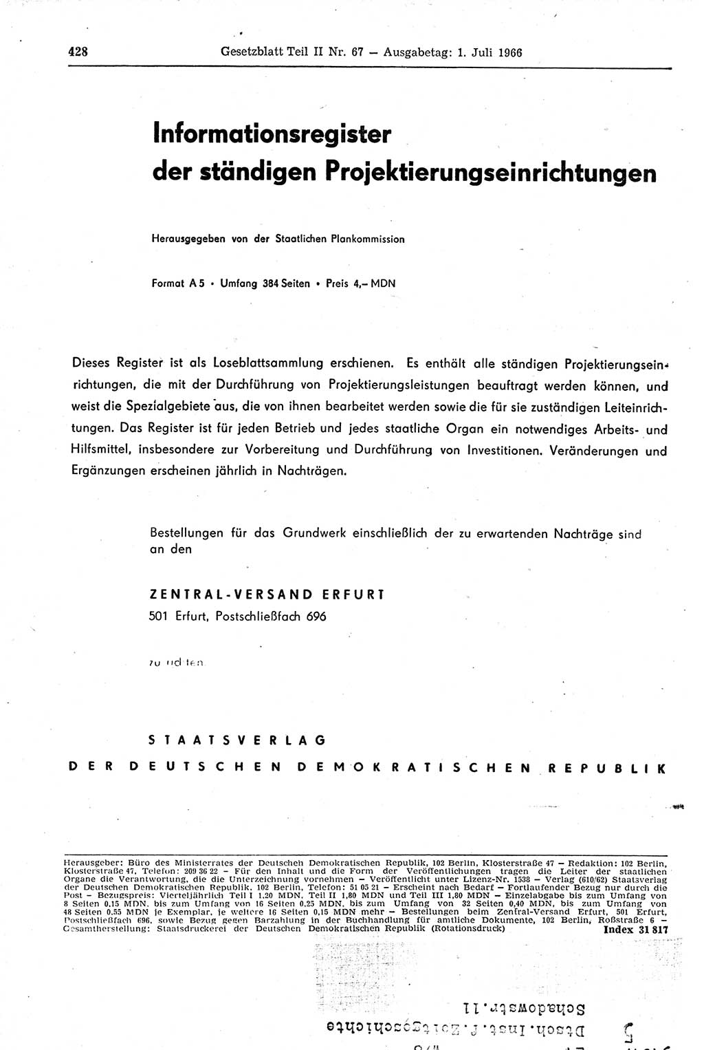 Gesetzblatt (GBl.) der Deutschen Demokratischen Republik (DDR) Teil ⅠⅠ 1966, Seite 428 (GBl. DDR ⅠⅠ 1966, S. 428)