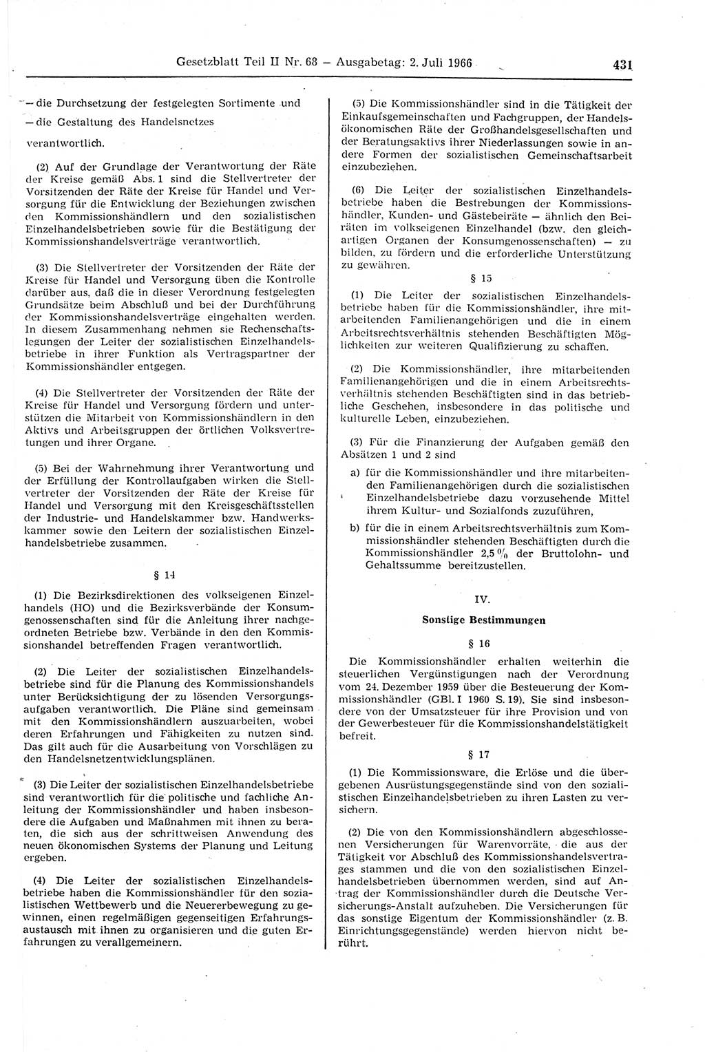 Gesetzblatt (GBl.) der Deutschen Demokratischen Republik (DDR) Teil ⅠⅠ 1966, Seite 431 (GBl. DDR ⅠⅠ 1966, S. 431)
