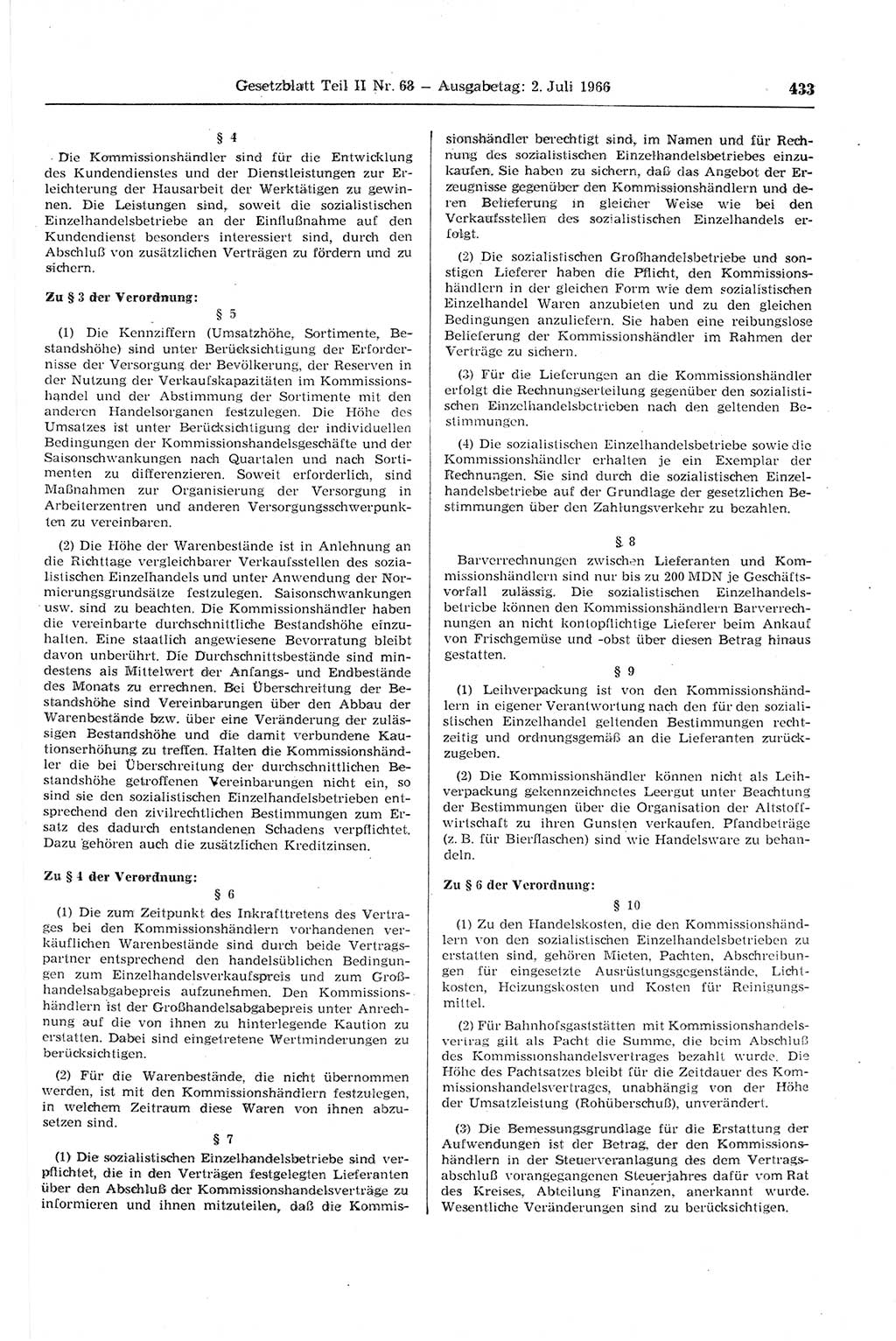 Gesetzblatt (GBl.) der Deutschen Demokratischen Republik (DDR) Teil ⅠⅠ 1966, Seite 433 (GBl. DDR ⅠⅠ 1966, S. 433)