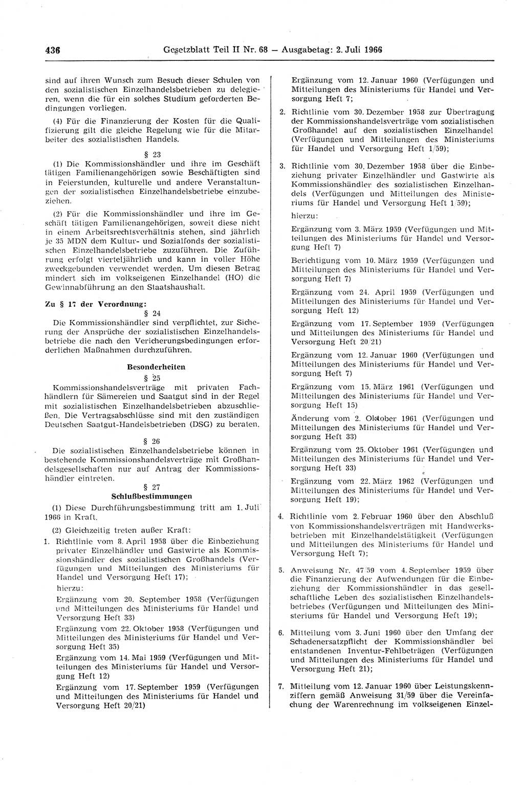 Gesetzblatt (GBl.) der Deutschen Demokratischen Republik (DDR) Teil ⅠⅠ 1966, Seite 436 (GBl. DDR ⅠⅠ 1966, S. 436)