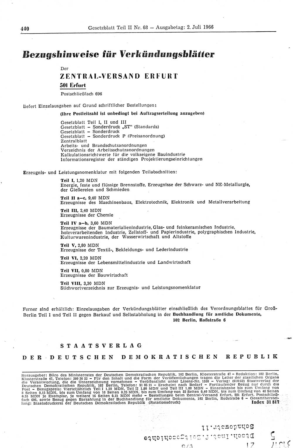 Gesetzblatt (GBl.) der Deutschen Demokratischen Republik (DDR) Teil ⅠⅠ 1966, Seite 440 (GBl. DDR ⅠⅠ 1966, S. 440)
