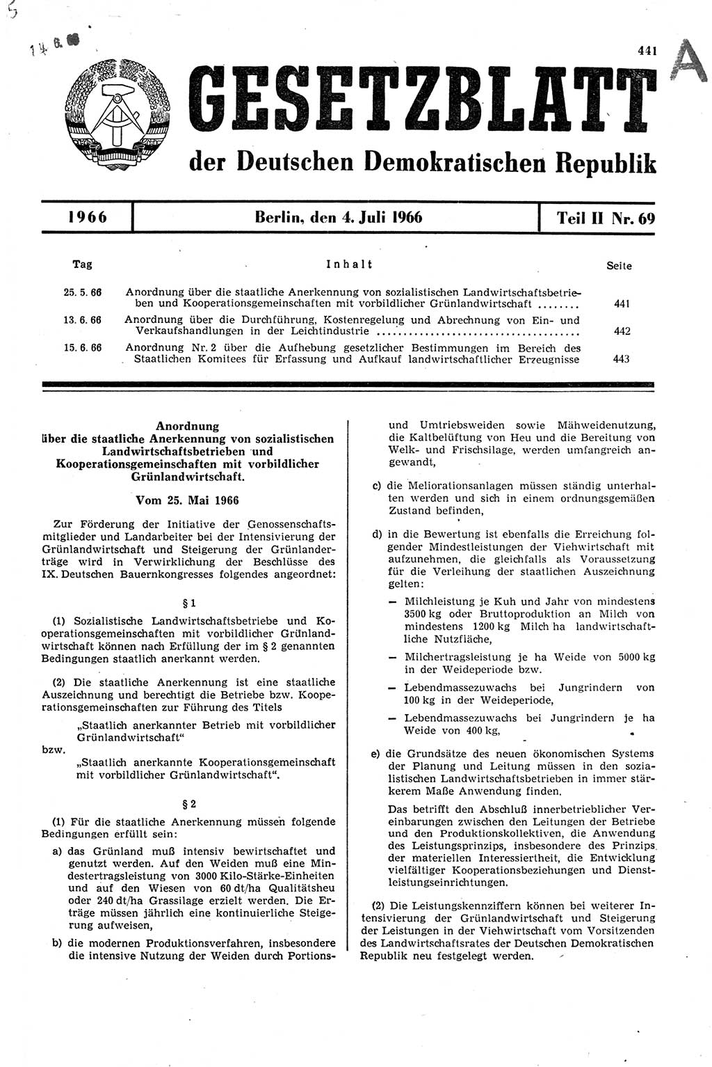 Gesetzblatt (GBl.) der Deutschen Demokratischen Republik (DDR) Teil ⅠⅠ 1966, Seite 441 (GBl. DDR ⅠⅠ 1966, S. 441)