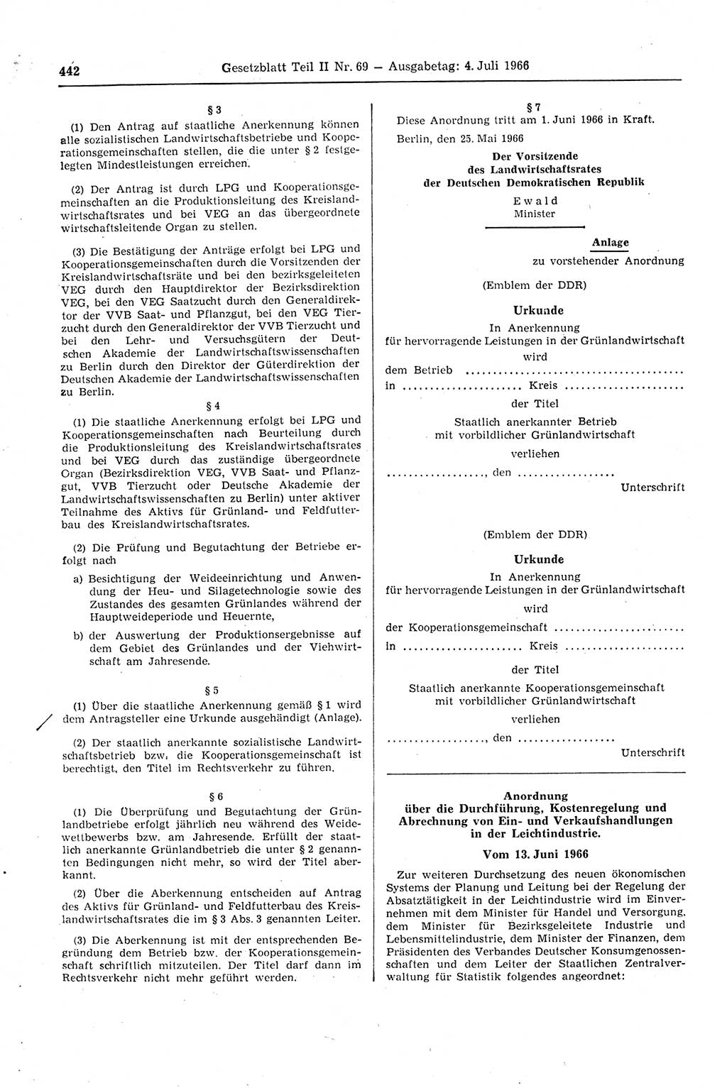 Gesetzblatt (GBl.) der Deutschen Demokratischen Republik (DDR) Teil ⅠⅠ 1966, Seite 442 (GBl. DDR ⅠⅠ 1966, S. 442)