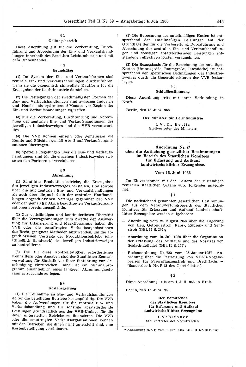 Gesetzblatt (GBl.) der Deutschen Demokratischen Republik (DDR) Teil ⅠⅠ 1966, Seite 443 (GBl. DDR ⅠⅠ 1966, S. 443)
