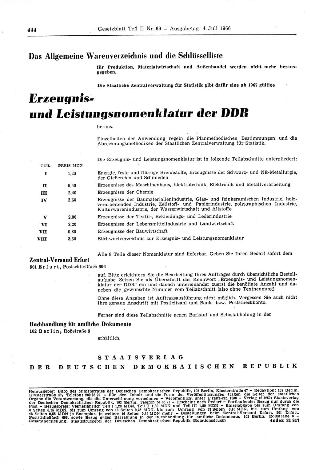 Gesetzblatt (GBl.) der Deutschen Demokratischen Republik (DDR) Teil ⅠⅠ 1966, Seite 444 (GBl. DDR ⅠⅠ 1966, S. 444)