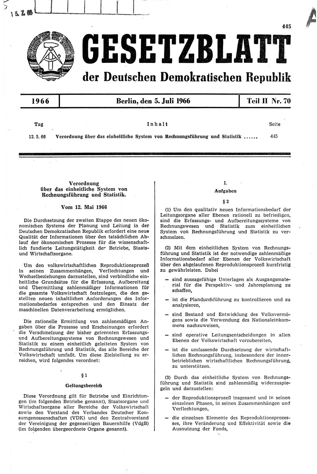 Gesetzblatt (GBl.) der Deutschen Demokratischen Republik (DDR) Teil ⅠⅠ 1966, Seite 445 (GBl. DDR ⅠⅠ 1966, S. 445)