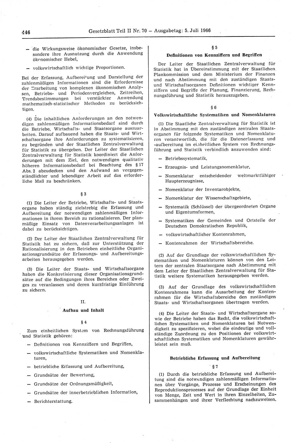 Gesetzblatt (GBl.) der Deutschen Demokratischen Republik (DDR) Teil ⅠⅠ 1966, Seite 446 (GBl. DDR ⅠⅠ 1966, S. 446)