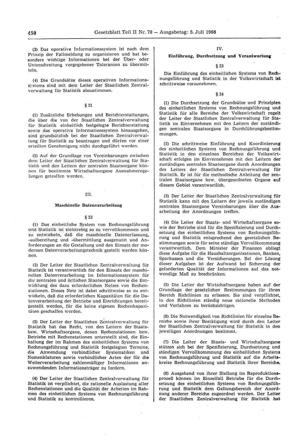 Gesetzblatt (GBl.) der Deutschen Demokratischen Republik (DDR) Teil ⅠⅠ 1966, Seite 450 (GBl. DDR ⅠⅠ 1966, S. 450)