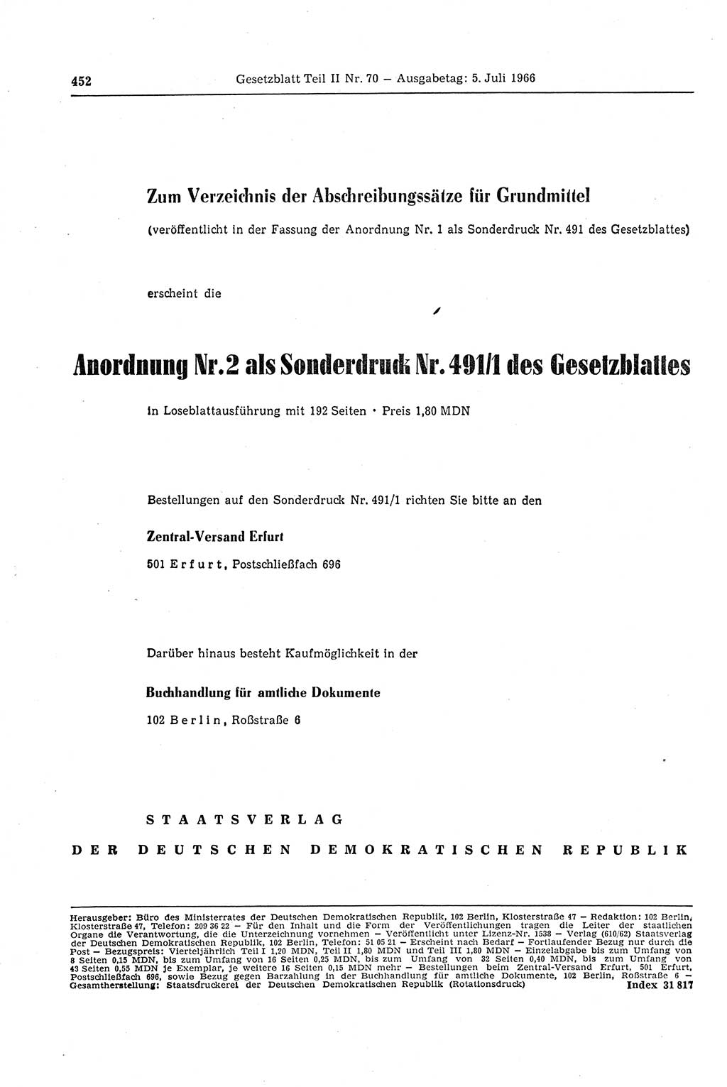Gesetzblatt (GBl.) der Deutschen Demokratischen Republik (DDR) Teil ⅠⅠ 1966, Seite 452 (GBl. DDR ⅠⅠ 1966, S. 452)