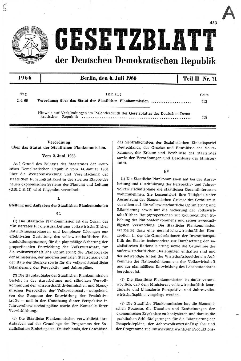 Gesetzblatt (GBl.) der Deutschen Demokratischen Republik (DDR) Teil ⅠⅠ 1966, Seite 453 (GBl. DDR ⅠⅠ 1966, S. 453)