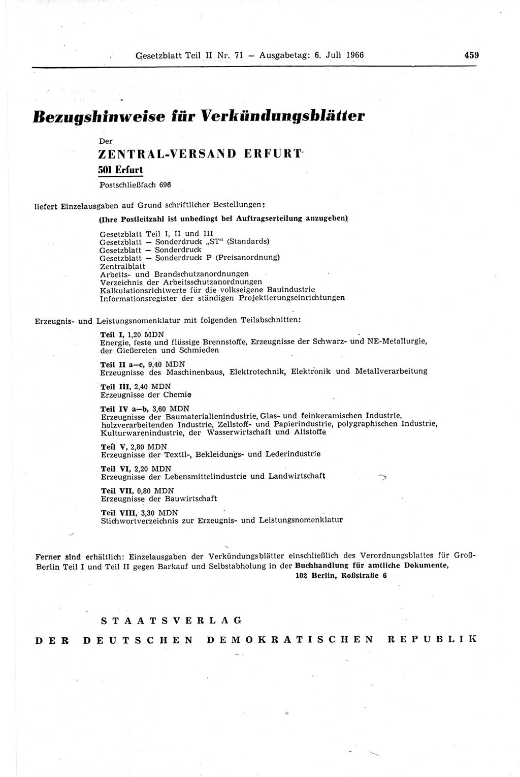Gesetzblatt (GBl.) der Deutschen Demokratischen Republik (DDR) Teil ⅠⅠ 1966, Seite 459 (GBl. DDR ⅠⅠ 1966, S. 459)