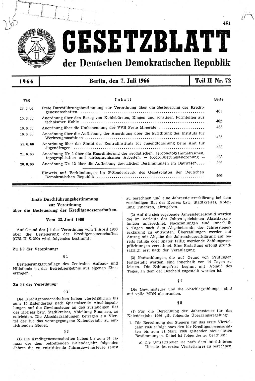 Gesetzblatt (GBl.) der Deutschen Demokratischen Republik (DDR) Teil ⅠⅠ 1966, Seite 461 (GBl. DDR ⅠⅠ 1966, S. 461)