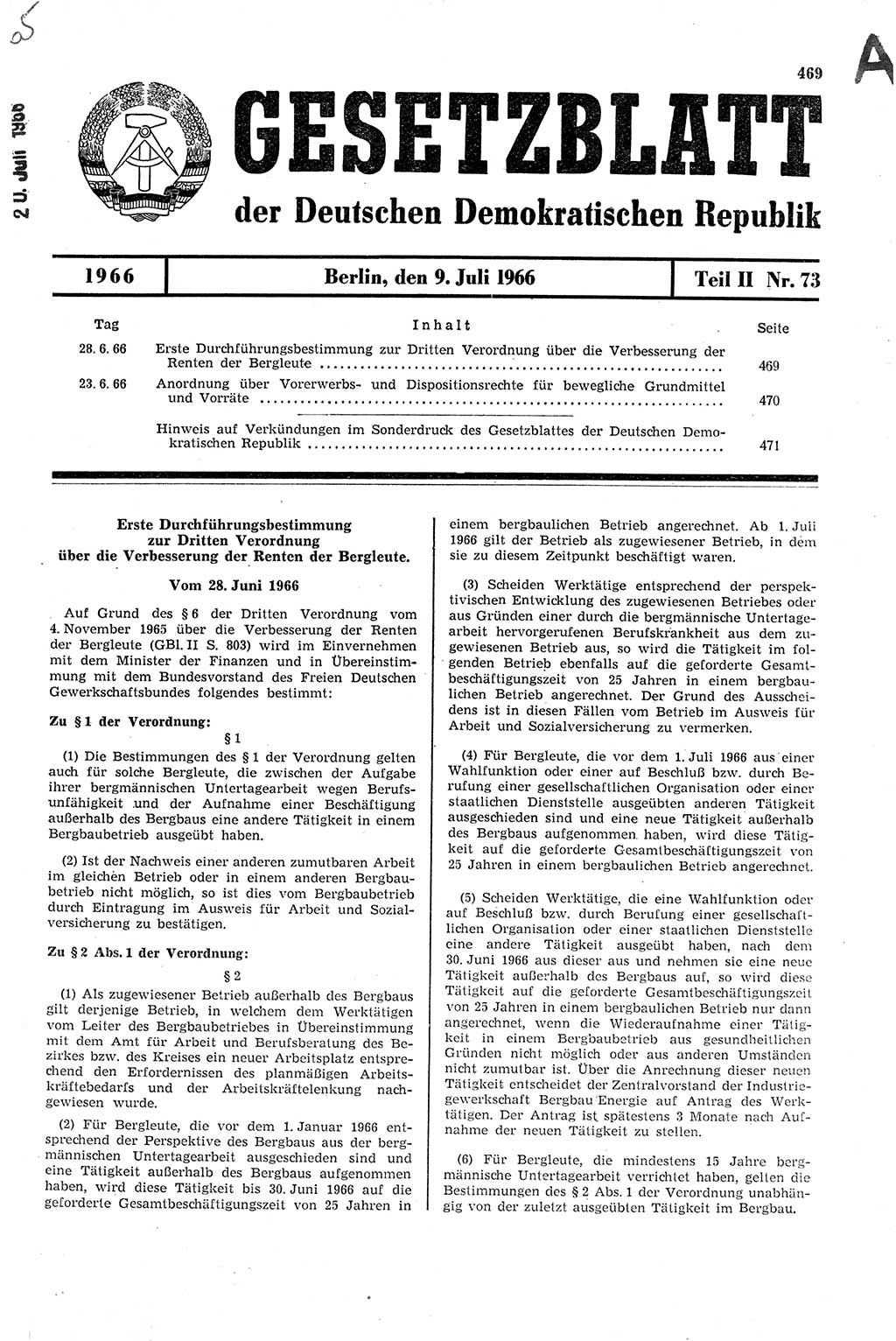 Gesetzblatt (GBl.) der Deutschen Demokratischen Republik (DDR) Teil ⅠⅠ 1966, Seite 469 (GBl. DDR ⅠⅠ 1966, S. 469)