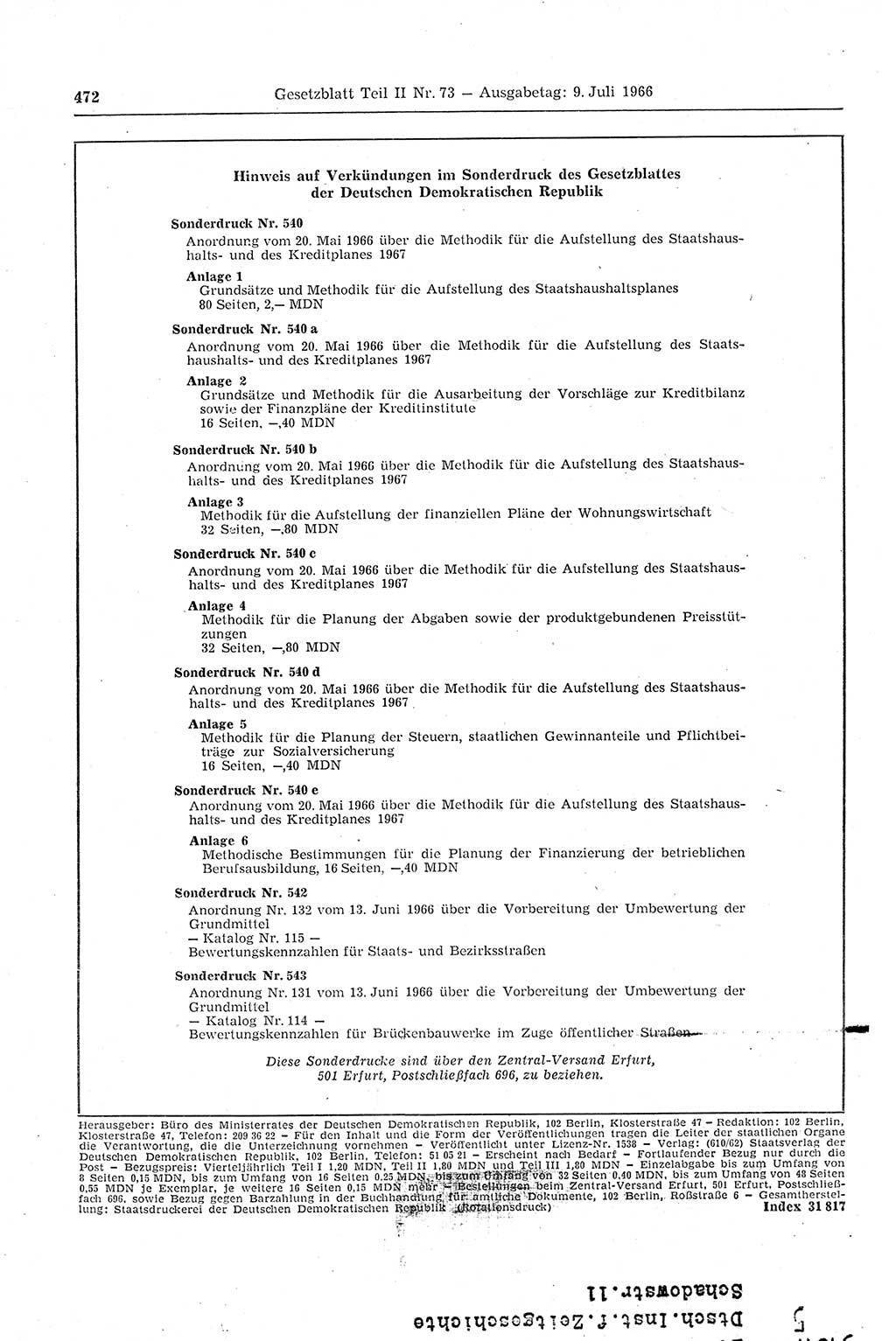 Gesetzblatt (GBl.) der Deutschen Demokratischen Republik (DDR) Teil ⅠⅠ 1966, Seite 472 (GBl. DDR ⅠⅠ 1966, S. 472)