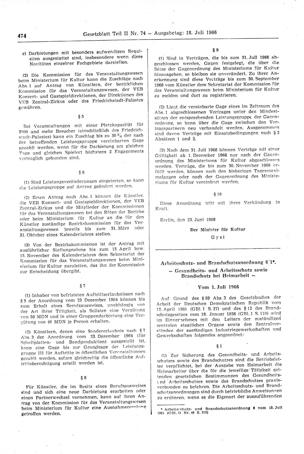 Gesetzblatt (GBl.) der Deutschen Demokratischen Republik (DDR) Teil ⅠⅠ 1966, Seite 474 (GBl. DDR ⅠⅠ 1966, S. 474)