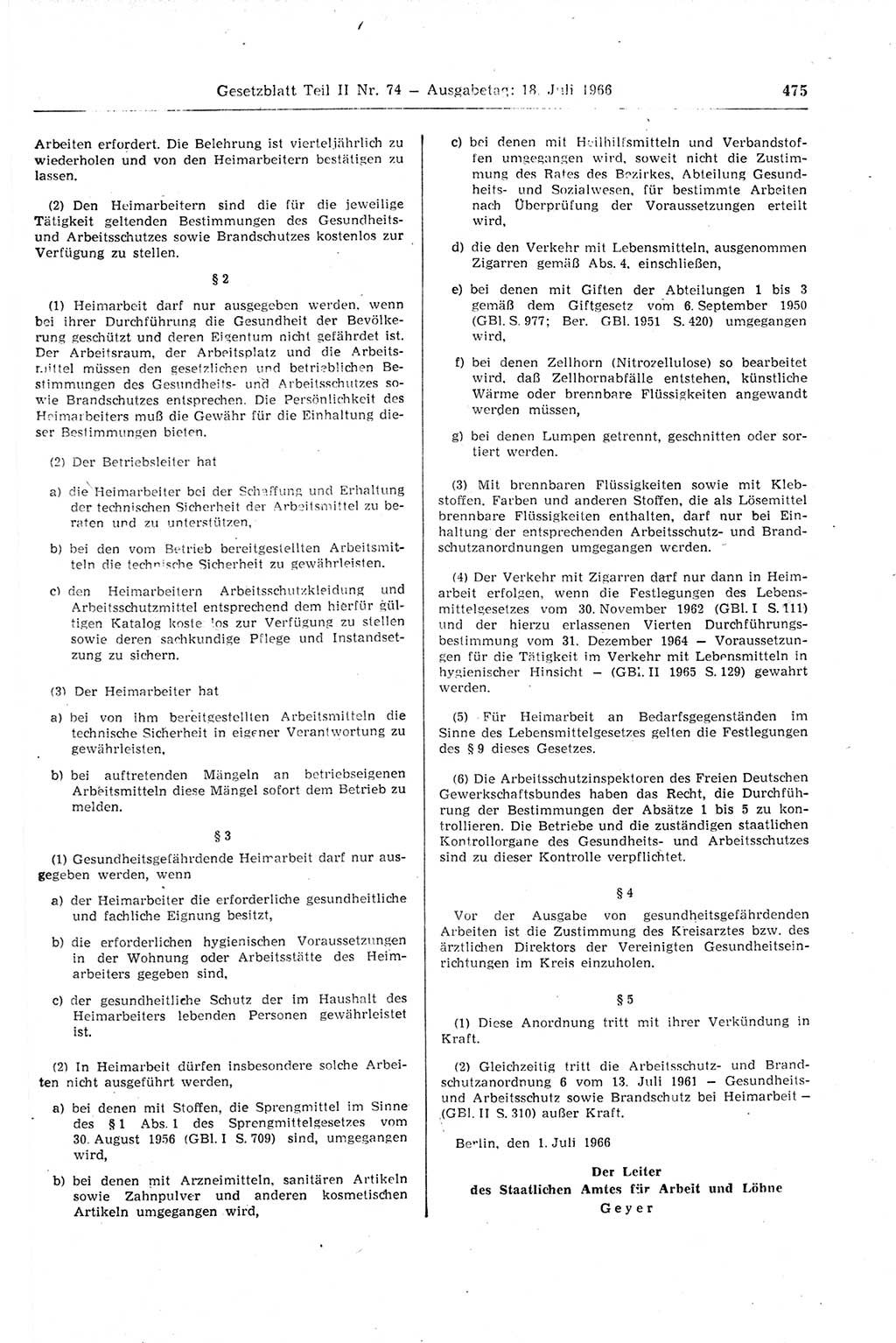 Gesetzblatt (GBl.) der Deutschen Demokratischen Republik (DDR) Teil ⅠⅠ 1966, Seite 475 (GBl. DDR ⅠⅠ 1966, S. 475)