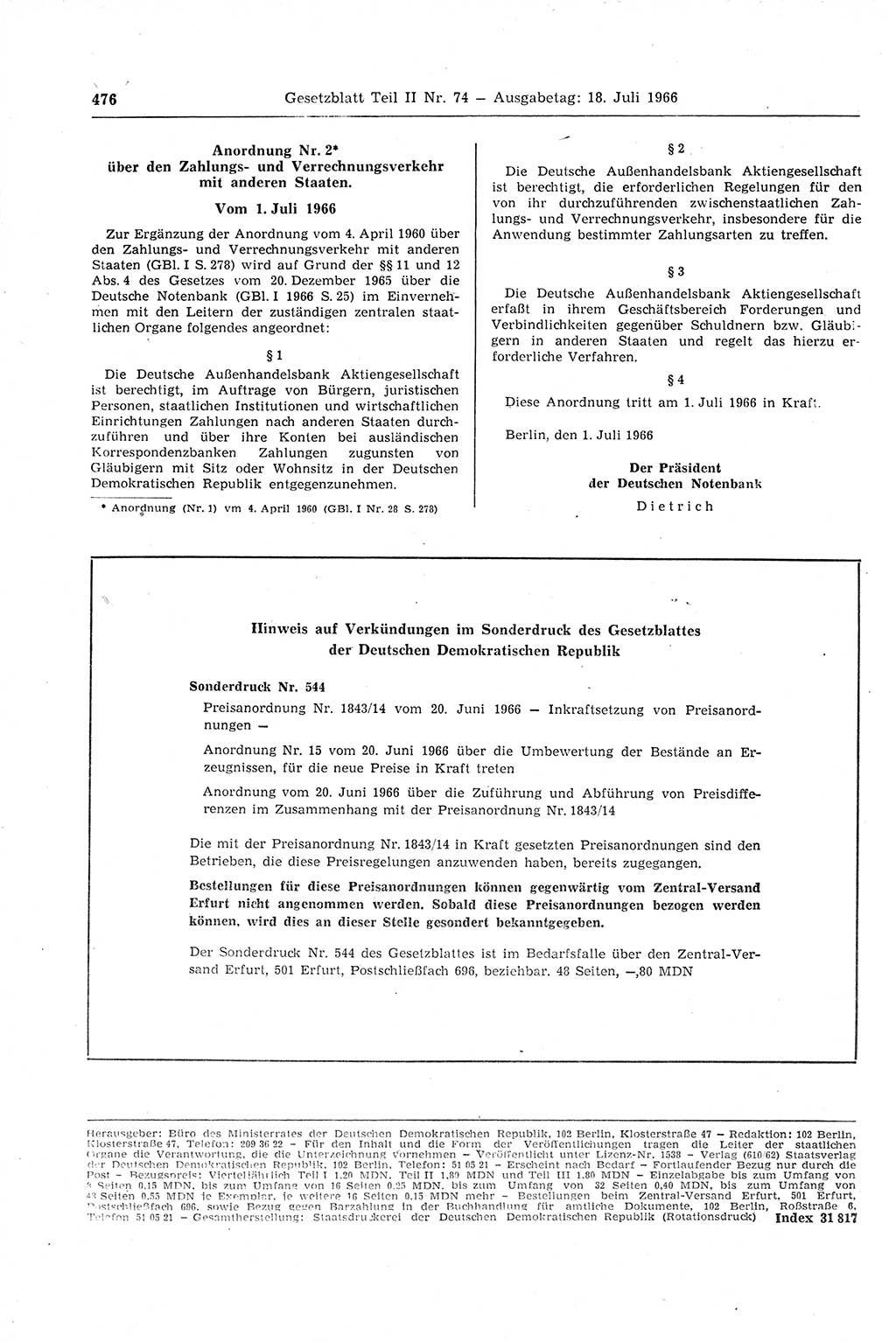 Gesetzblatt (GBl.) der Deutschen Demokratischen Republik (DDR) Teil ⅠⅠ 1966, Seite 476 (GBl. DDR ⅠⅠ 1966, S. 476)