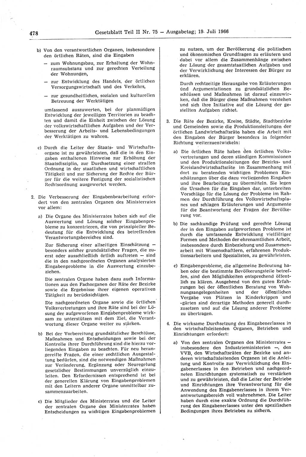 Gesetzblatt (GBl.) der Deutschen Demokratischen Republik (DDR) Teil ⅠⅠ 1966, Seite 478 (GBl. DDR ⅠⅠ 1966, S. 478)