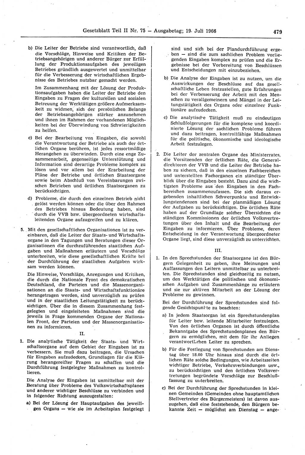 Gesetzblatt (GBl.) der Deutschen Demokratischen Republik (DDR) Teil ⅠⅠ 1966, Seite 479 (GBl. DDR ⅠⅠ 1966, S. 479)