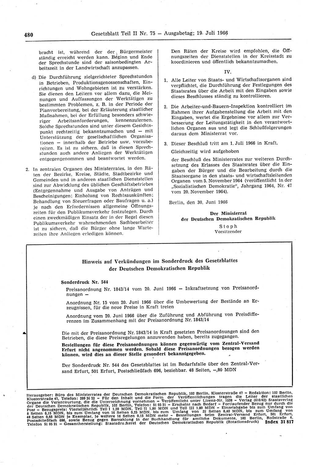 Gesetzblatt (GBl.) der Deutschen Demokratischen Republik (DDR) Teil ⅠⅠ 1966, Seite 480 (GBl. DDR ⅠⅠ 1966, S. 480)