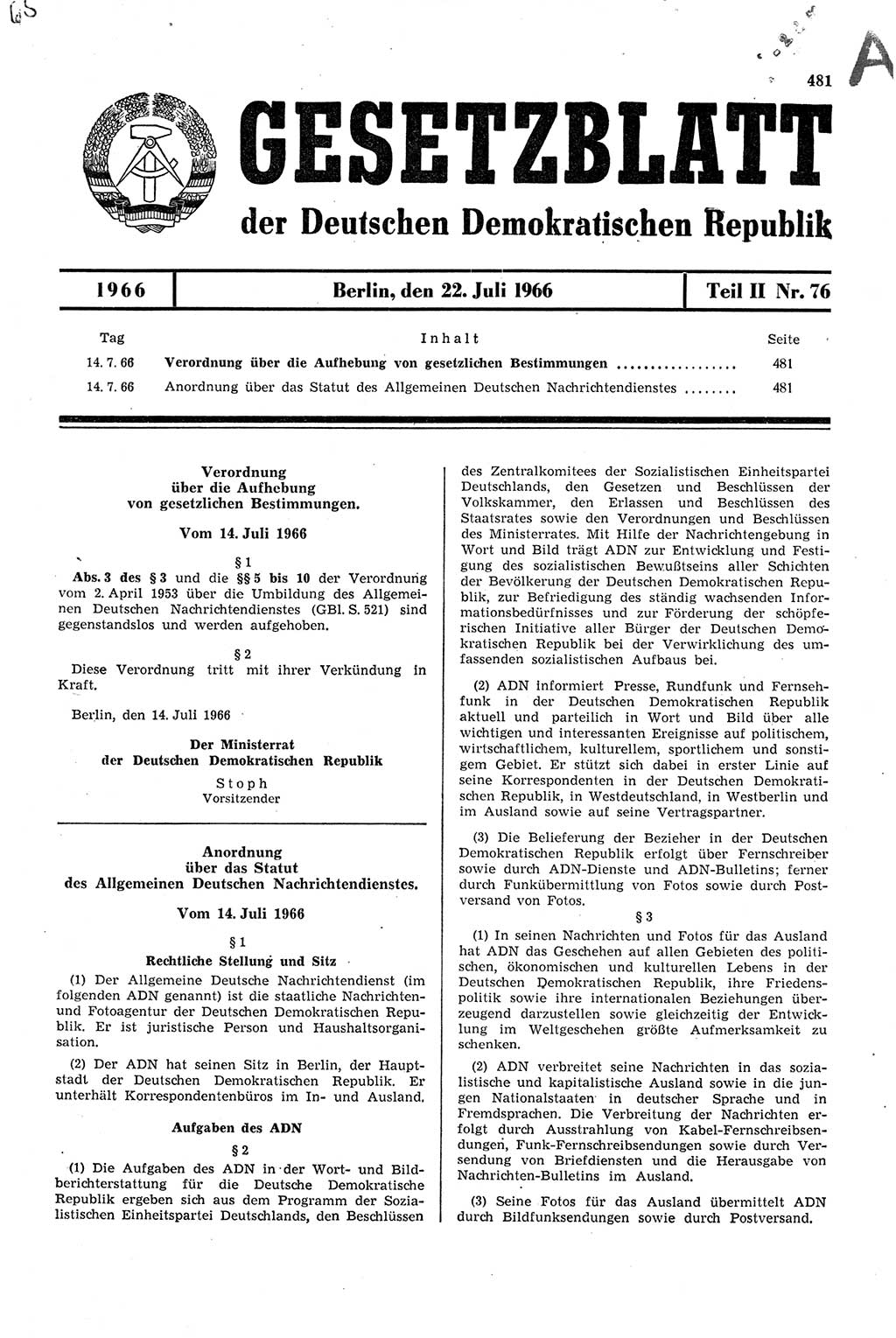 Gesetzblatt (GBl.) der Deutschen Demokratischen Republik (DDR) Teil ⅠⅠ 1966, Seite 481 (GBl. DDR ⅠⅠ 1966, S. 481)