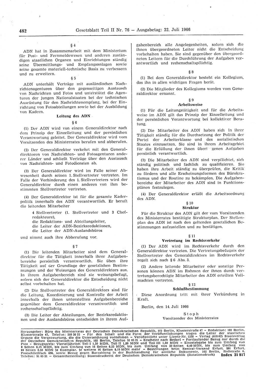 Gesetzblatt (GBl.) der Deutschen Demokratischen Republik (DDR) Teil ⅠⅠ 1966, Seite 482 (GBl. DDR ⅠⅠ 1966, S. 482)