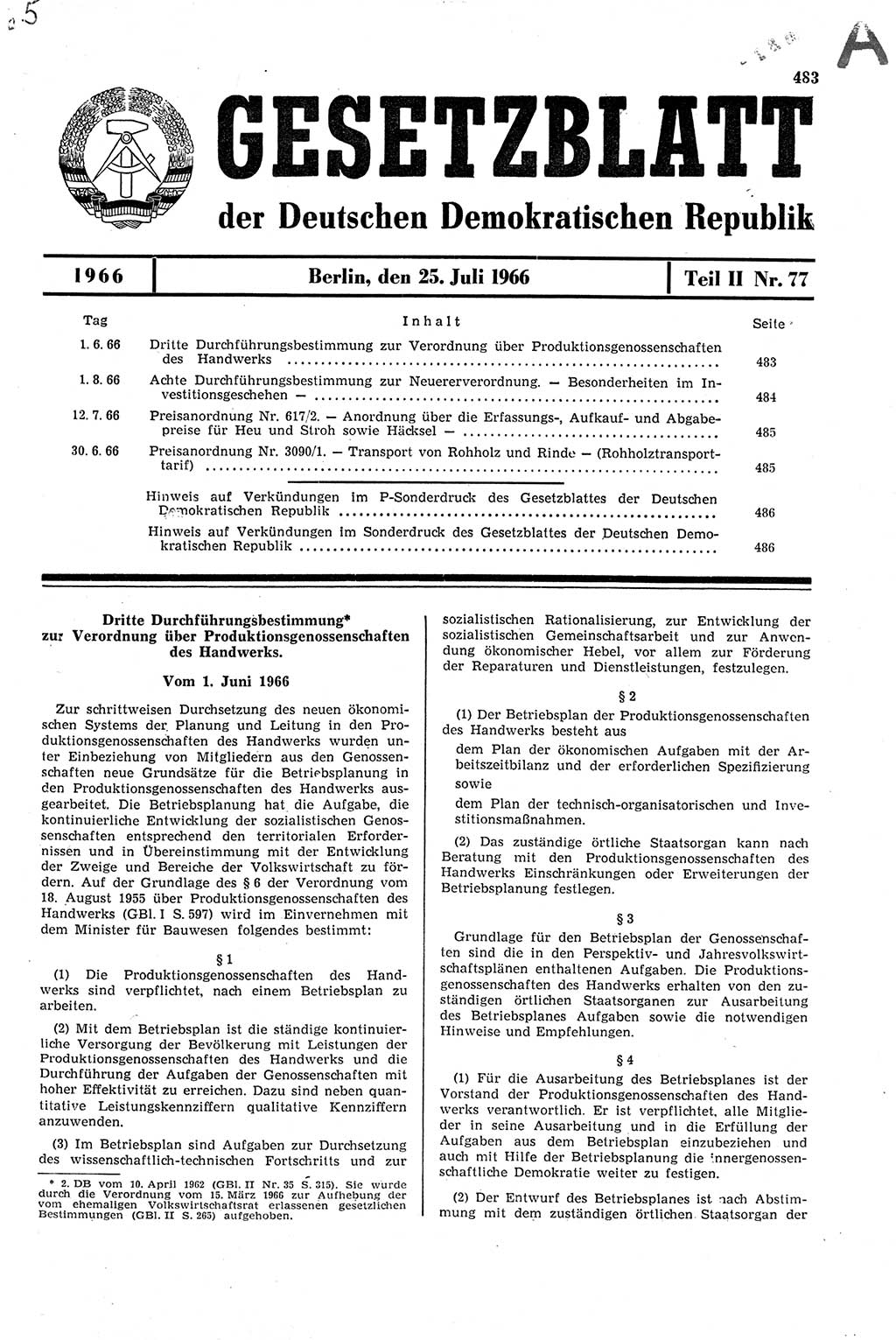 Gesetzblatt (GBl.) der Deutschen Demokratischen Republik (DDR) Teil ⅠⅠ 1966, Seite 483 (GBl. DDR ⅠⅠ 1966, S. 483)